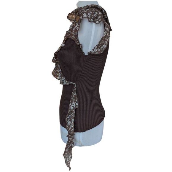 Wrap effect body fit silk blend Mocha brown top stretchy with silk raffl… - Picture 12 of 14